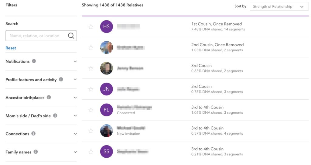 Screenshot from 23andMe membership area showing DNA Relatives section